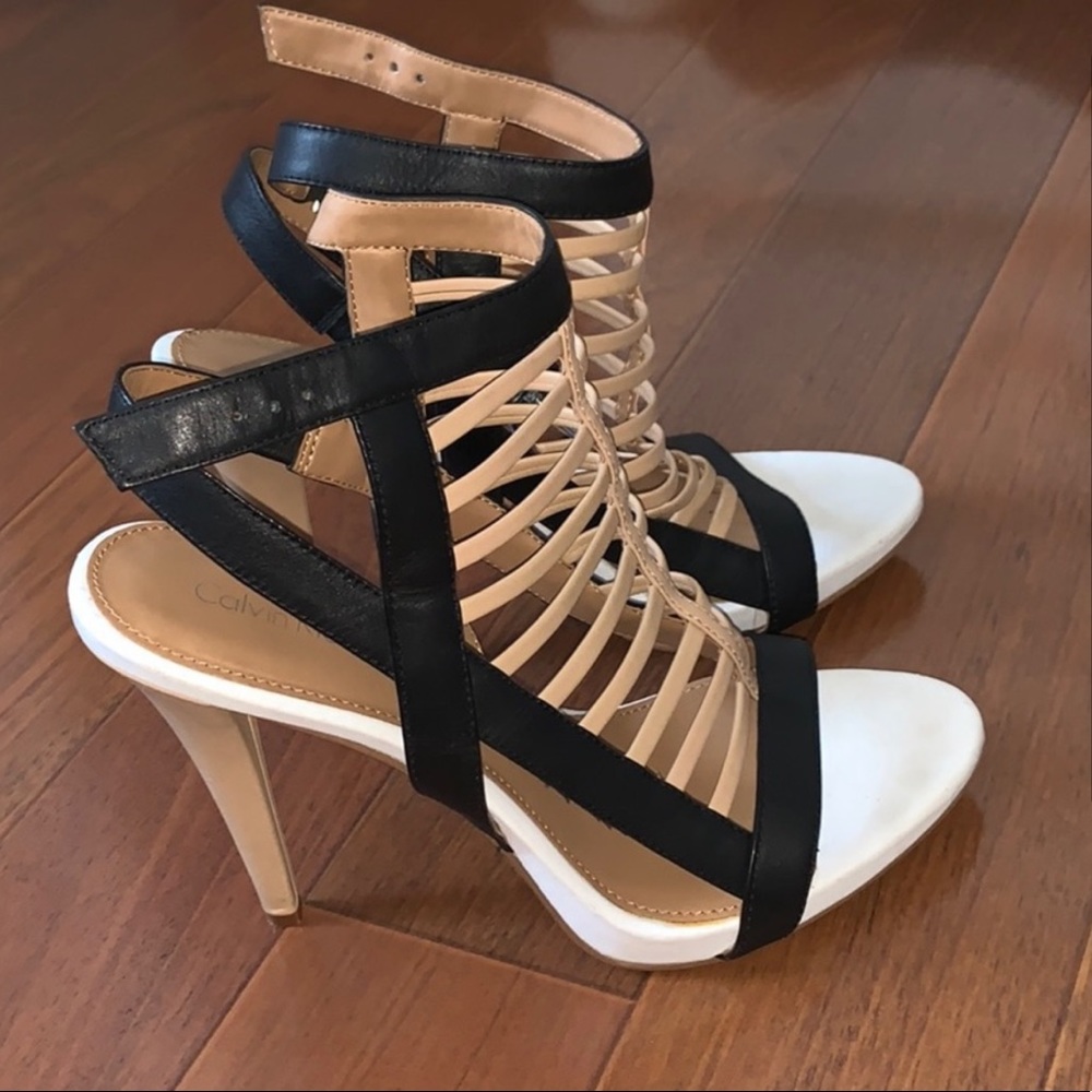 Calvin Klein black and white caged nude heels
